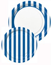 Tableware and decorations printed with blue stripes.