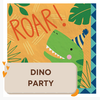 Party supplies and tableware with a Dino Birthday Theme