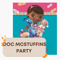 Party supplies and decorations with a Doc McStuffins theme.