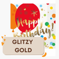 Glitzy Gold Birthday party supplies, tableware and decorations.