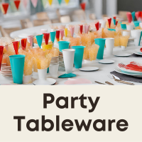 Tableware including plates, cups, napkins, bowls and cutlery.