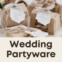 Wedding supplies including stationery, decorations, tableware and confetti.