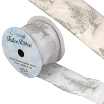 Silver Glitter Christmas Tree Satin Wired Edge 63mm Ribbon 10yds
