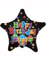 Black Stars and Presents Happy Birthday 18" Foil Balloon