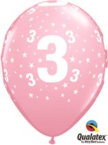 Age 3 Light Pink Star Print 11" Latex Balloons 6pk