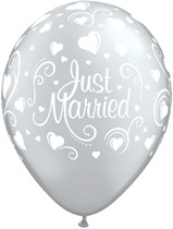 Qualatex 11" Just Married Hearts Silver Latex Balloons 25pk
