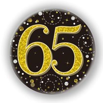 65th Birthday Sparkling Fizz Black Gold Holographic Badge