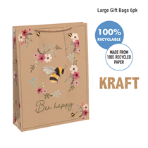 Bee Happy Kraft Large Gift Bag 6pk