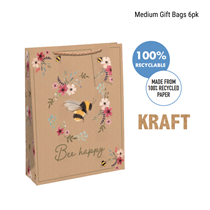 Bee Happy Kraft Medium Gift Bags 6pk