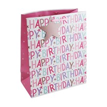 Pink Happy Birthday Text Large Gift Bag 6pk