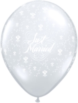 Diamond Clear Just Married Flowers 11" Latex Balloons 25pk
