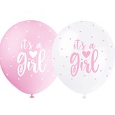 Pearl Pink and White 12" It's A Girl Latex Balloons 5pk