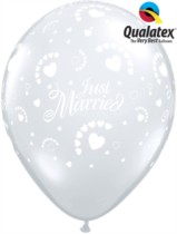 Qualatex 11" Diamond Clear Just Married Hearts Latex Balloons 50pk