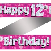 12th Birthday Pink Holographic Banner