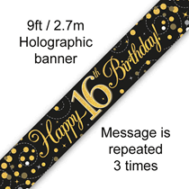 Sparkling Fizz Black & Gold 16th Birthday Banner