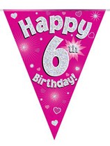 Pink Happy 6th Birthday Holographic Flag Banner
