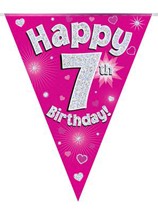 Pink Happy 7th Birthday Holographic Flag Banner