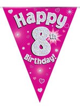 Pink Happy 8th Birthday Holographic Flag Banner