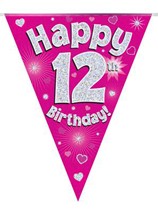 Pink Happy 12th Birthday Holographic Flag Banner