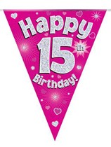 Pink Happy 15th Birthday Holographic Flag Banner