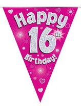 Pink Happy 16th Birthday Holographic Flag Banner
