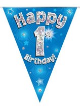 Blue Happy 1st Birthday Holographic Flag Banner