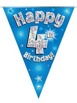 Blue Happy 4th Birthday Holographic Flag Banner