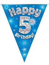 Blue Happy 5th Birthday Holographic Flag Banner