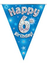 Blue Happy 6th Birthday Holographic Flag Banner
