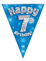 Blue Happy 7th Birthday Holographic Flag Banner