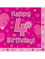 Happy 4th Birthday Pink Hearts Luncheon Napkins 16pk