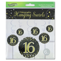 Black & Gold Sparkling Fizz 16th Birthday Hanging Swirls 6pk