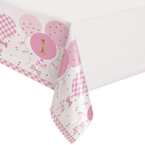 Pink Gingham 1st Birthday Plastic Tablecover