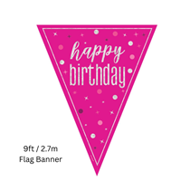 Pink Glitz Happy Birthday Prismatic Foil Flag Banner 9ft