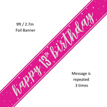 Pink Glitz Happy 13th Birthday Prismatic Foil Banner 9ft