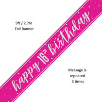 Pink Glitz Happy 16th Birthday Prismatic Foil Banner 9ft