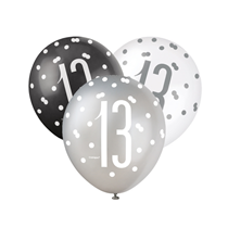 Black, Silver & White Glitz 13th Birthday Latex Balloons 6pk