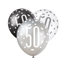 Black, Silver & White Glitz 50th Birthday Latex Balloons 6pk