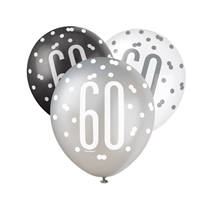 Black, Silver & White Glitz 60th Birthday Latex Balloons 6pk