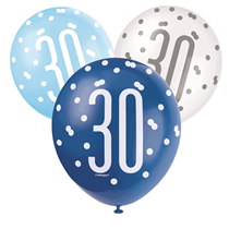 Blue & White Glitz 30th Birthday Latex Balloons 6pk