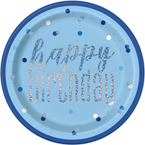 Blue Glitz Foil Stamped Happy Birthday 9" Paper Plates 8pk