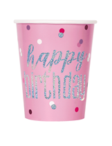 Pink Glitz Happy Birthday Foil Stamped Cups 8pk
