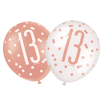 Rose Gold Glitz & White 13th Birthday 12" Latex Balloons 6pk