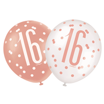 Rose Gold Glitz & White 16th Birthday 12" Latex Balloons 6pk