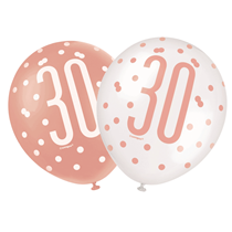 Rose Gold Glitz & White 30th Birthday 12" Latex Balloons 6pk