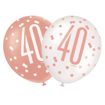 Rose Gold Glitz & White 40th Birthday 12" Latex Balloons 6pk
