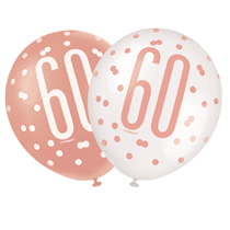 Rose Gold Glitz & White 60th Birthday 12" Latex Balloons 6pk
