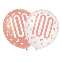 Rose Gold Glitz & White 100th Birthday 12" Latex Balloons 6pk