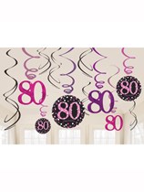 Pink Celebration 80th Birthday Hanging Swirl Decorations 12pk