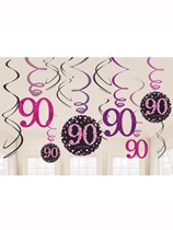 Pink Celebration 90th Birthday Hanging Swirl Decorations 12pk